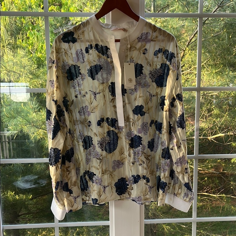 Tory Burch Cream and Blue Blouse with Mandarin Collar